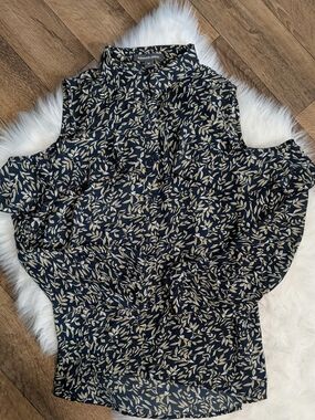 Alexander Jordan Navy Cold-Shoulder Leaf-Print Blouse